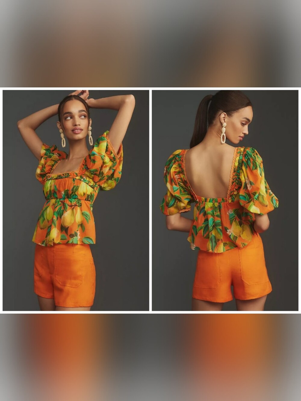 NWT Farm Rio x Anthropologie Orange Chic Pears Short Puff Sleeve Blouse